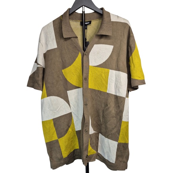 Express Other - EXPRESS Mens XL Button Up Shirt Abstract Design Brown Yellow Cotton Blend NWT